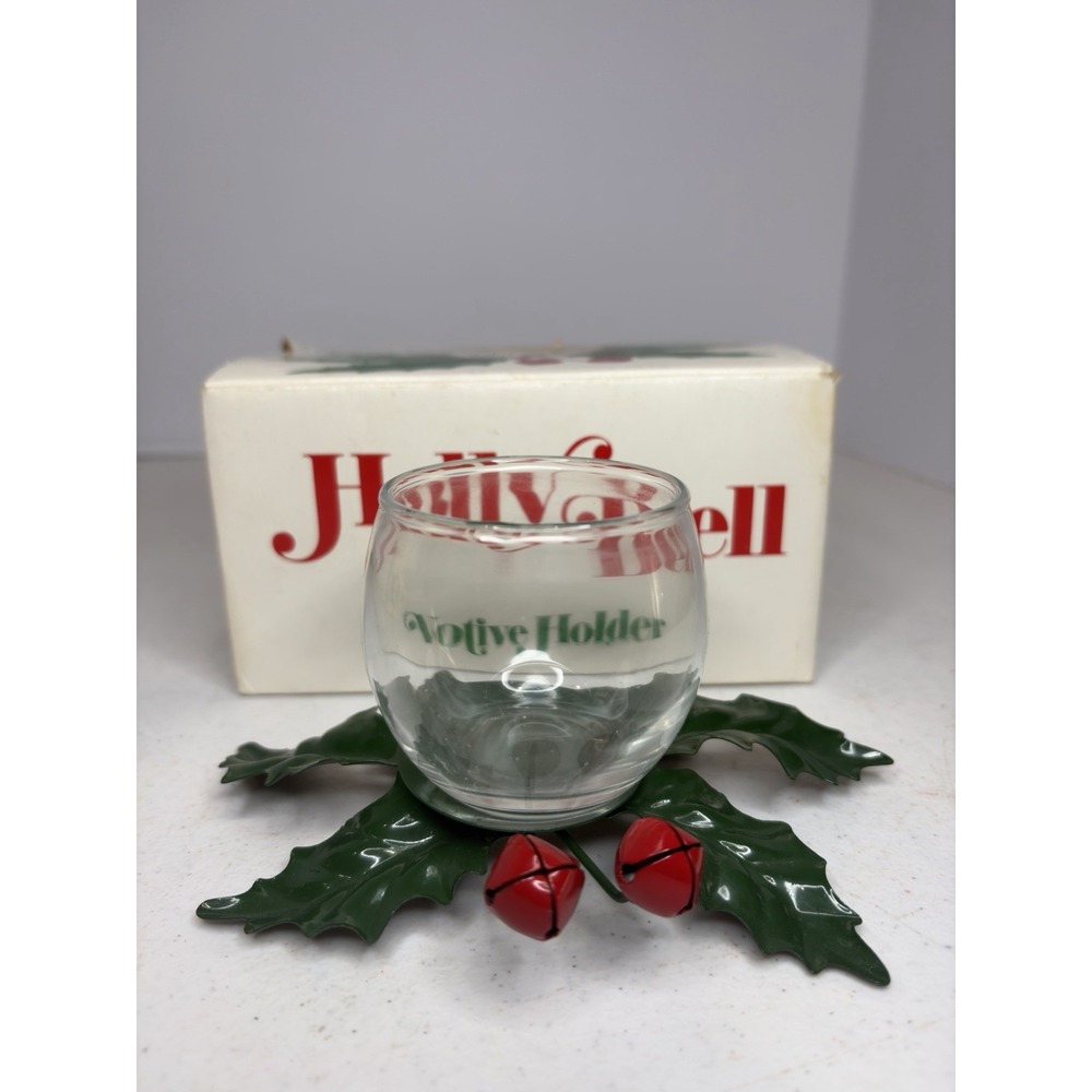 Vintage Dept 56 Holly Bell Votive Candle Holder Christmas Metal Glass With Box